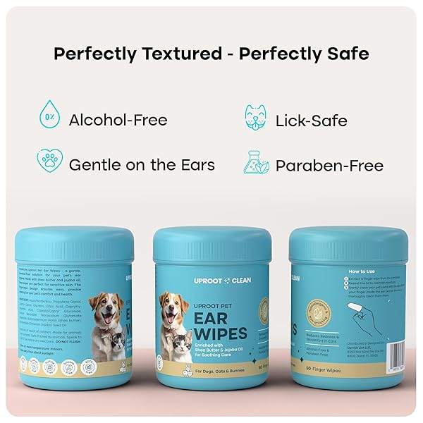 UPROOT CLEAN CAT & DOG EAR CLEANER FINGER WIPES (50CT.): DISPOSABLE DOG EAR WIPES ENRICHED WITH SHEA BUTTER & JOJOBA OIL – CLEANER REMOVING WAX BUILD UP, HELP WITH ODOR DISCOMFORT