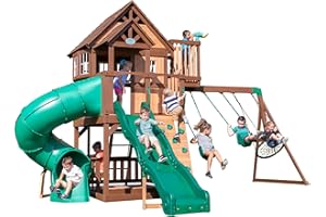 Backyard Discovery Skyfort All Cedar Swing Set, Elevated Covered Wood Roof Clubhouse with Bay Windows, 2 Belt Swings, Web Swing, 10ft Wave Slide, 5 ft Tube Slide, Covered Picnic Table, 5 ft Rock Wall