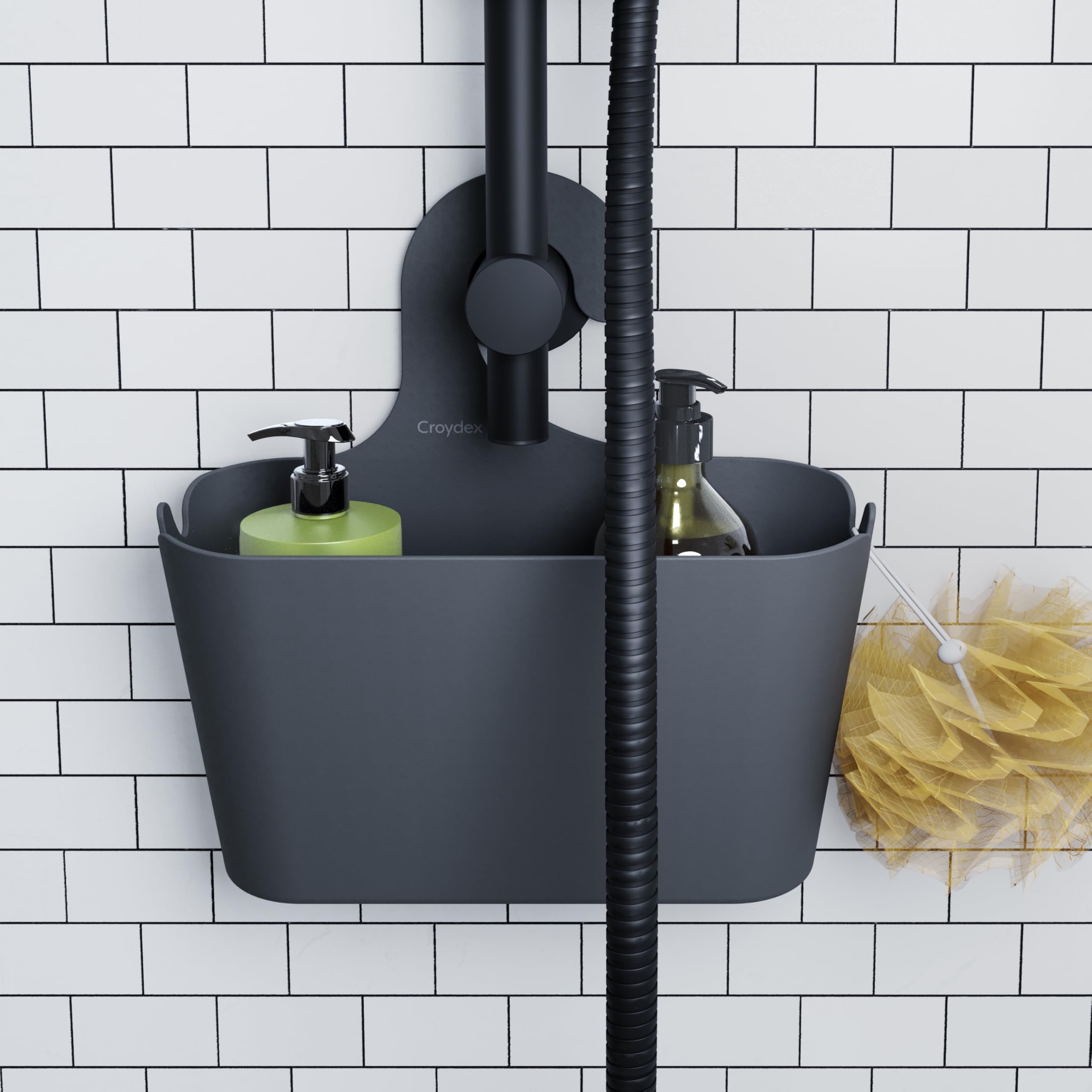 Croydex Grey Shower Caddy Hanging Storage - Bathroom Accessories for Renters, No Drill Solution, Self-Draining Holes and Easy to Clean - 26 x 26 x 8.5 cm