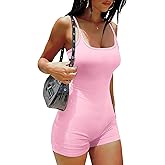 Ekouaer Womens Workout Romper Ribbed Unitard Stretch One Piece Short Jumpsuits Yoga Sleeveless Adjustable Outfits