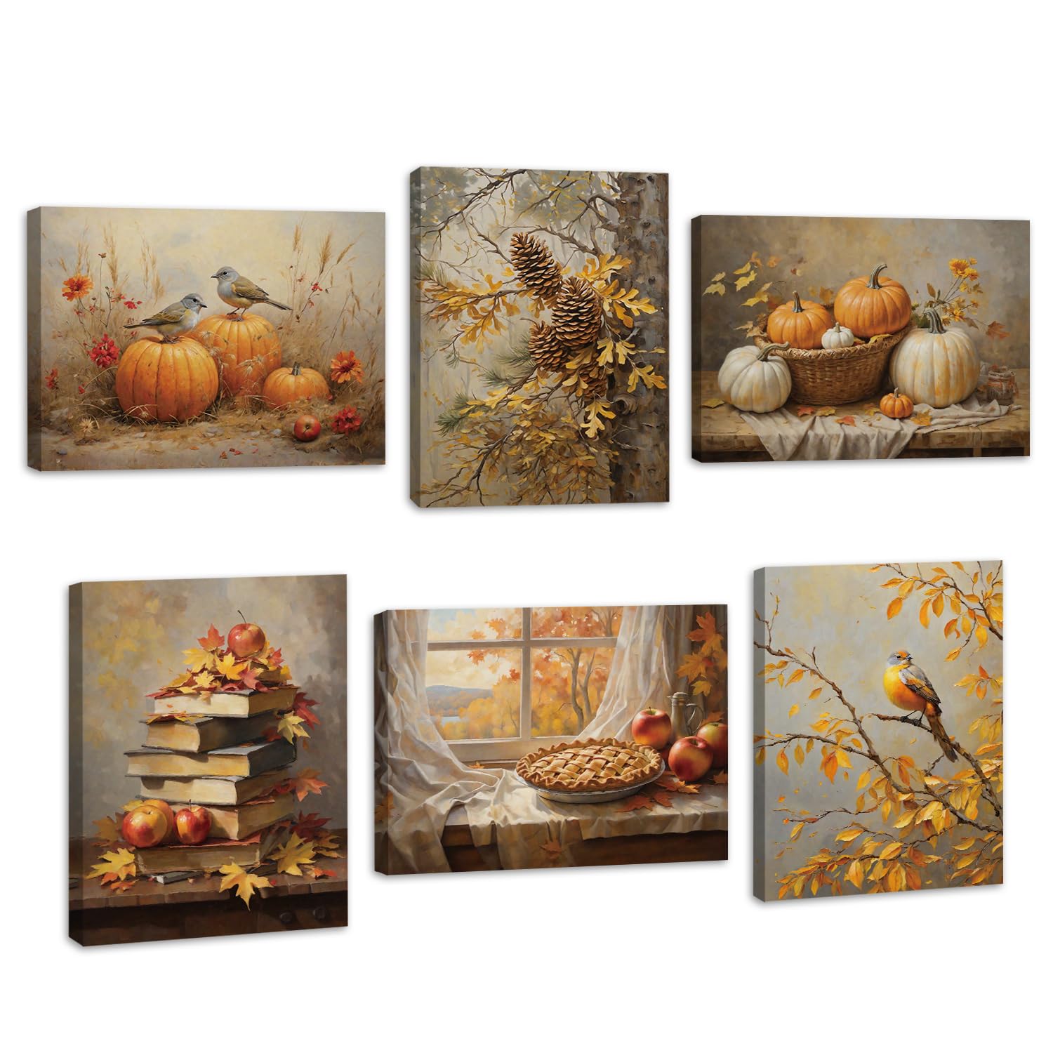 Photo 1 of HOURIA 6Pcs Fall Landscape Canvas Wall Art Set (11.8"x15.7"), Pumpkin Maple Leaf Bird Book Wall Decor, Rustic Autumn Harvest Thanksgiving Art Print for Farmhouse Living Room Bedroom Office