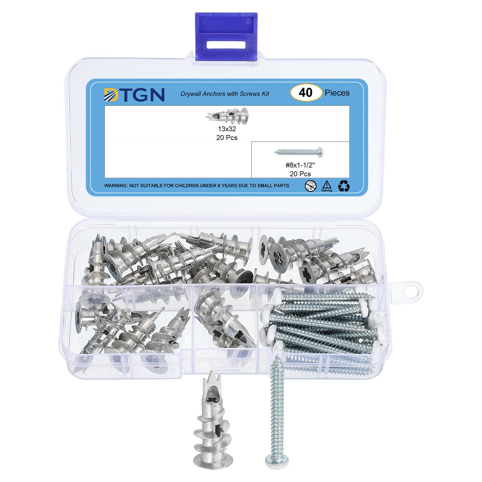 DTGN 1/2"x1-1/4" Self-Drilling Drywall Anchors with Screws Kit - 20 Set - Good for Concrete Tile Cement - Zinc Alloy Hollow Wall Anchors Kit with Screws