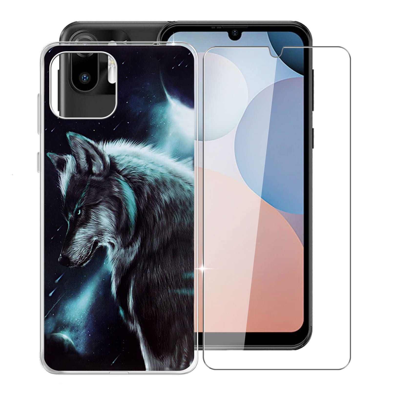 KJYF Protective Case Transparent Bumper TPU Cover + 1 Piece Screen Protector for Ulefone Note 6T (6.1 Inches), Tempered Glass Film + Silicone Shell Case Mobile Phone Case for Ulefone Note 6T - Loups