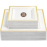 Pryntono 100 Pack Square Plastic Plates, Includes 50 Dinner Plates 9.5" and 50 Dessert Plates 6.5", Heavy Duty Disposable Plates for Wedding, Holiday Party, Birthday, White with Gold Trim