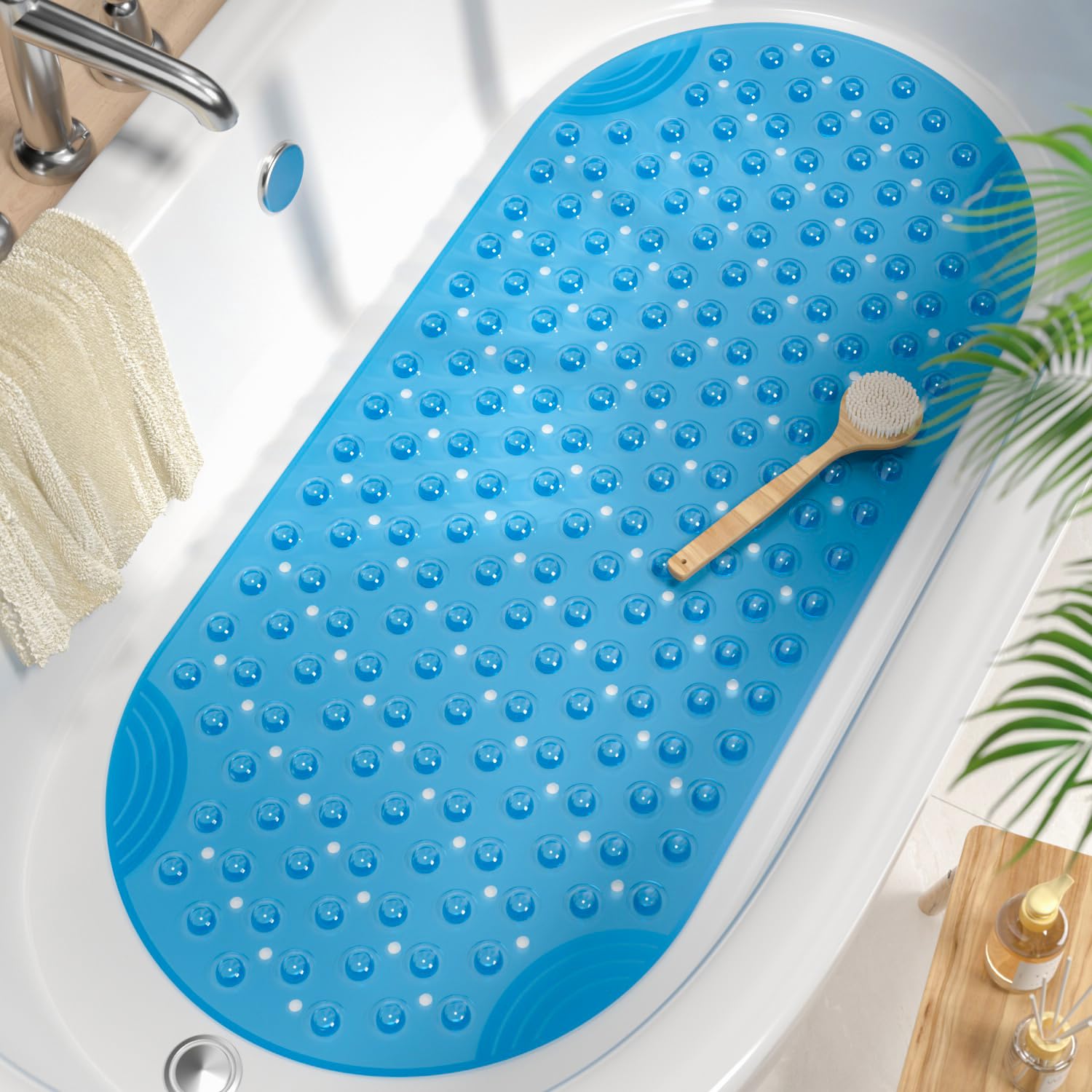 HITSLAM Bath Mat Non Slip Anti Mould for Tub, 88 x 40 CM Oval Bathroom shower mat, Machine Washable PVC Bathtub Mat With Suction Cups and Drain Holes, Soft on Feet, Blue