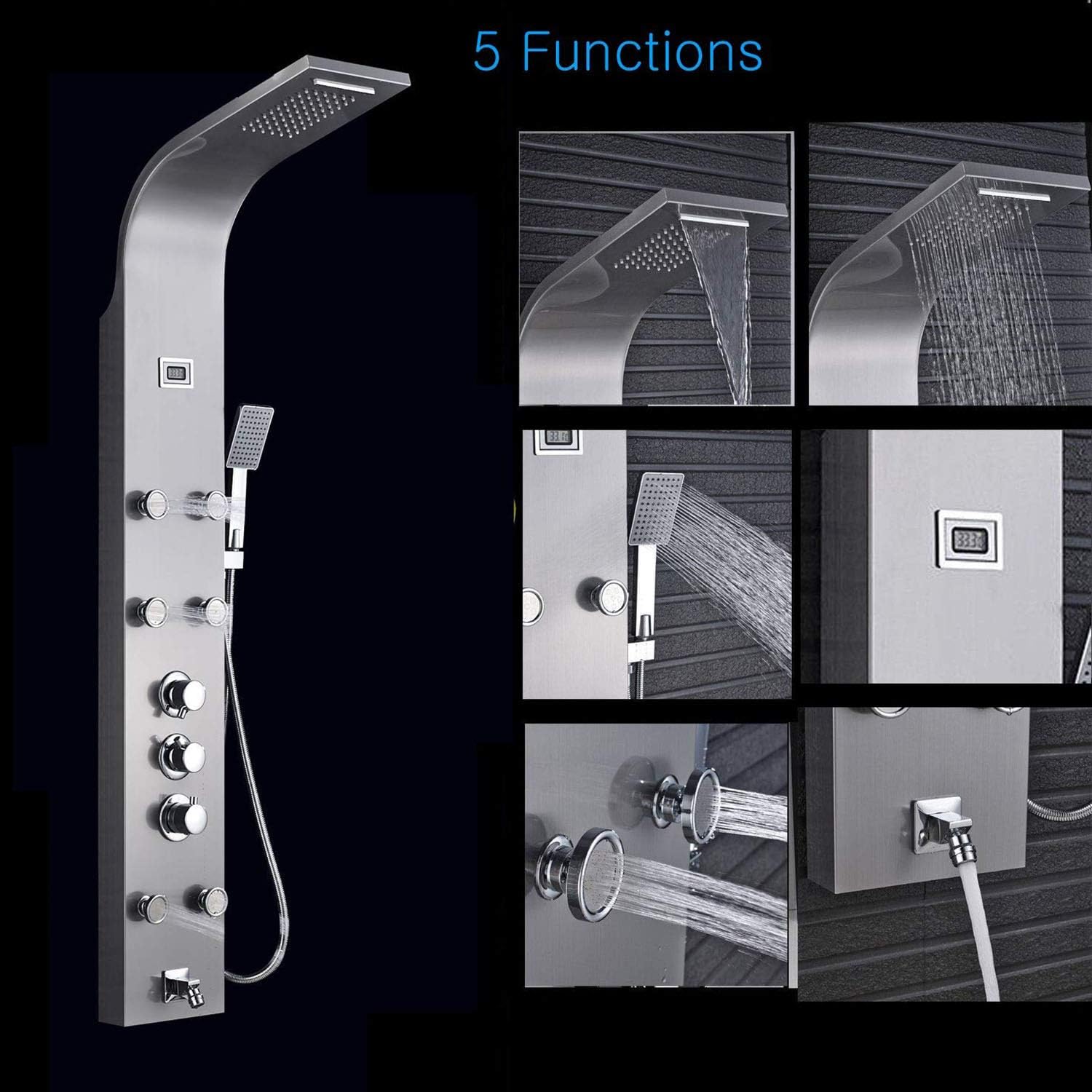 Onyzpily Thermostatic Shower Tower Panel Rain Waterfall Shower Head with Handheld Spray Massage Jets Bathtub Spout Wall Mounted Stainless Steel Shower Tap Mixer, Brushed Nickel