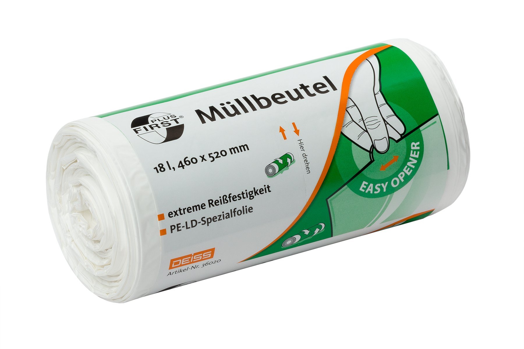 Deiss First 36020 Bin Bags with Printed Sleeve, 18 L, 460 mm x 520 mm – 50 per roll white