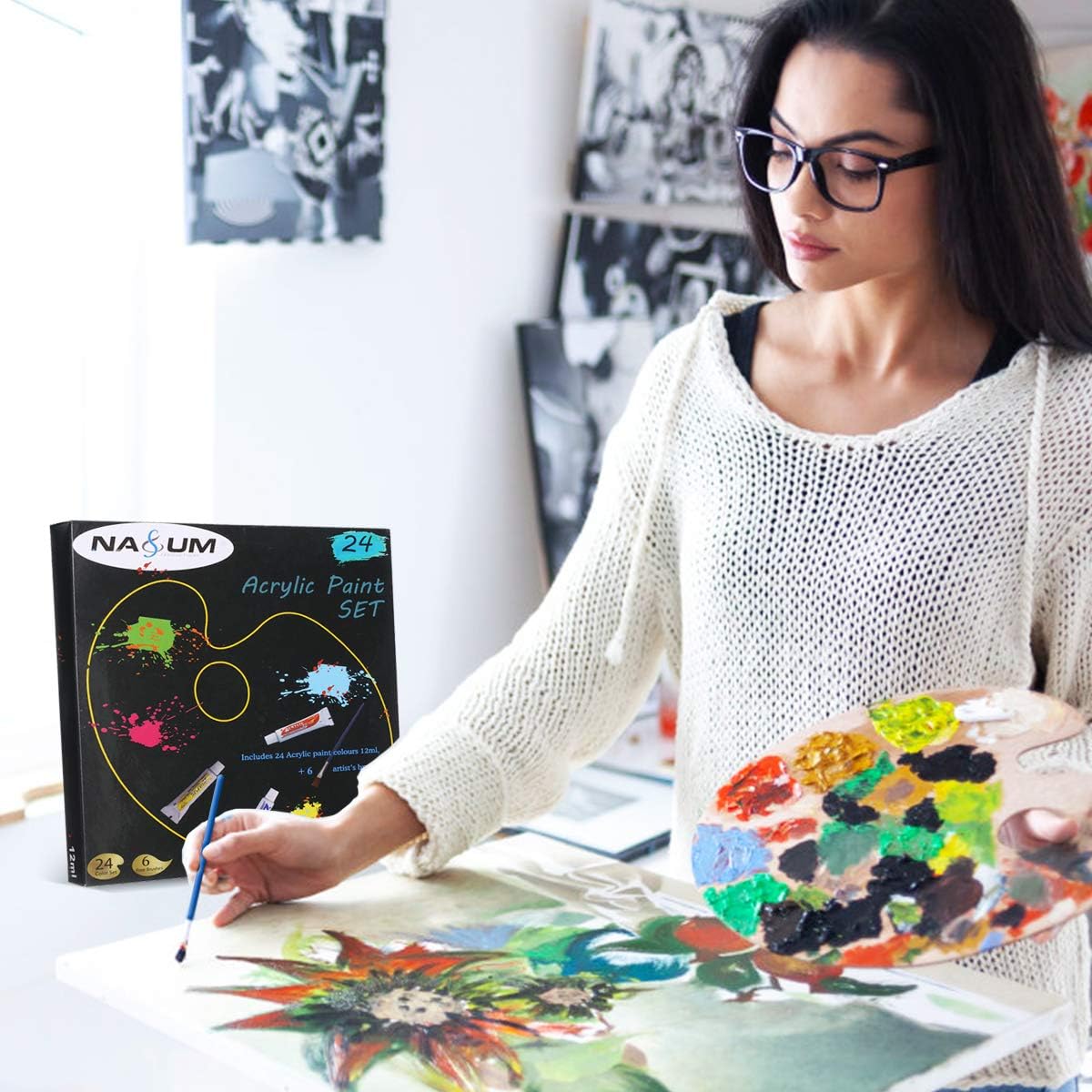 NASUM Acrylic Paint Set, 24 Color Tubes of 0.4 oz (12 ml) & 6 Painting Brush, Art Set for Kids, Students, Beginners, Artists, Craft Supplies Painting Ceramic, Glass, Wood, Fabric, Canvas