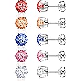 Women's Earrings Set 5 Pairs Cubic Zirconia Studs Multi-Color Birthstone Collection Hypoallergenic Earring Fancy Jewelry Gift for Her