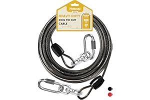 Petbobi Heavy-Duty Dog Tie-Out Cable - 20FT Extra Strong Wire Cable for Large Pets Up to 300Lbs, Rust Proof Dogs Leash with Carabiners and 360° Swivel, Pet Leads for Yard Camping Outside, Black