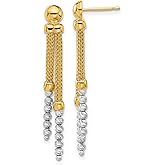 14k Two-Tone Gold Dangle Earrings for Women with Yellow Gold Mesh Chains and White Gold Spiral Beads, Long Drop Post Earrings for Formal Events, Modern Statement Fine Fashion Jewelry 19x5.3 mm