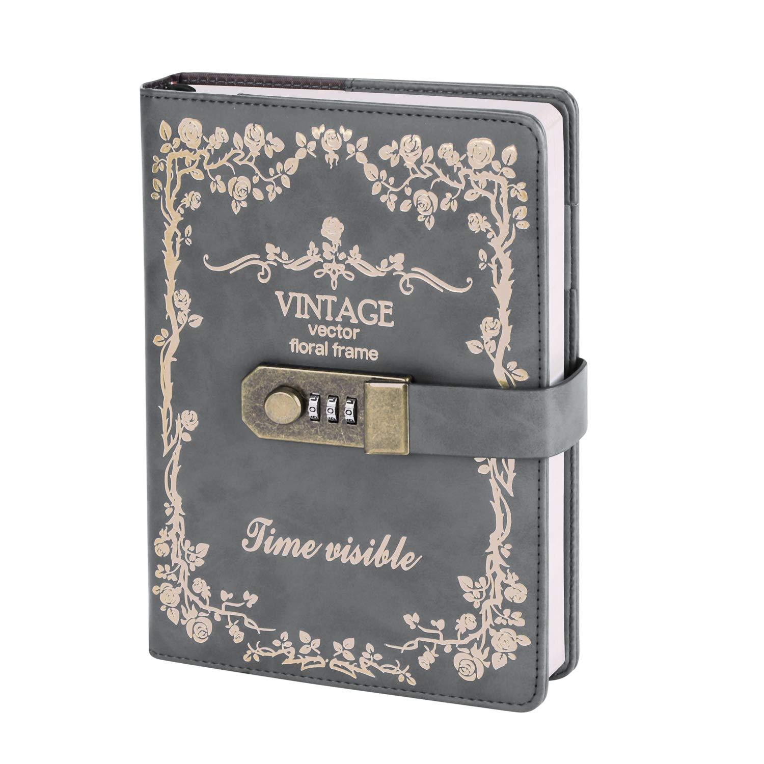 Vintage Retro Leather Journal with Lock,A5 Password Travel Diary Printing Writing Notebook Lined Thick Agenda Meeting Book with Pen Holder Gift for Boys Girls Kids (A5 Grey)