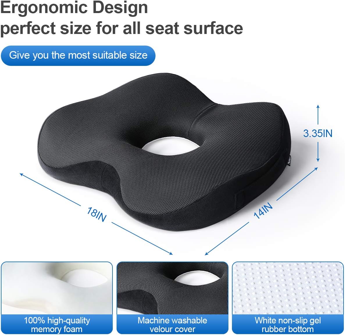 HOKEKI Seat Cushion for Chair, 100% Memory Foam and Lumbar Support - Donut Pillow for Tailbone Pain, Sciatica, Back & Buttoock Pain Relief (Black) : Office Products