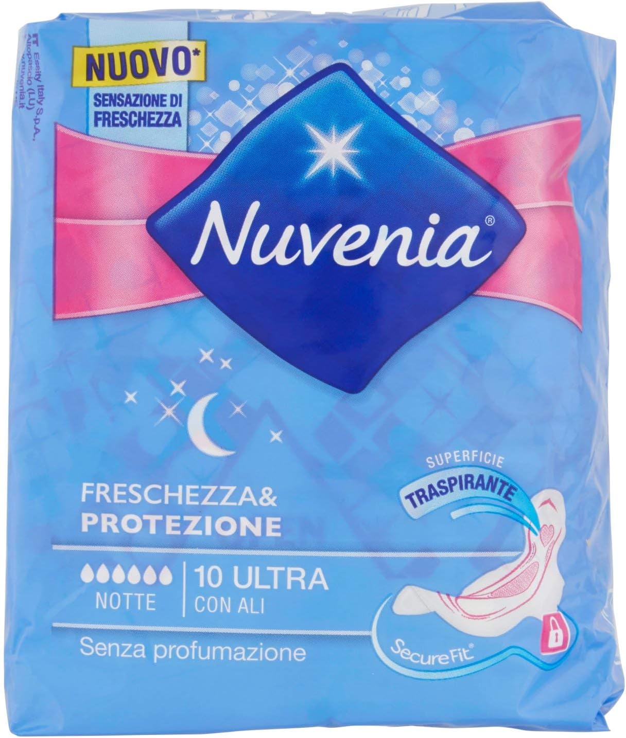 Nuvenia - Absorbent, Ultra Thin, Night with Wings, SecureFit - 10 Pieces, 10 Unità (Confezione da 1)