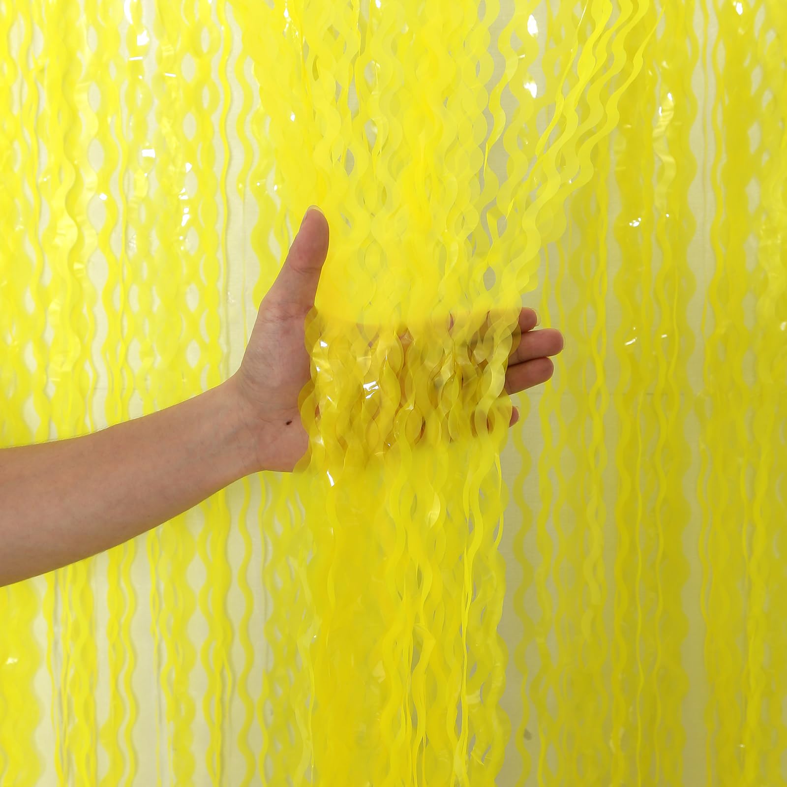 Photo 1 of 4 Pack Wavy Yellow Foil Curtain Backdrop -3.3 ft x 6.6 ft Gold Tinsel Backdrop Curtain Party Decorations Photo Booth Prop Backdrop Streamers for Birthday Bachelorette Graduation Wedding