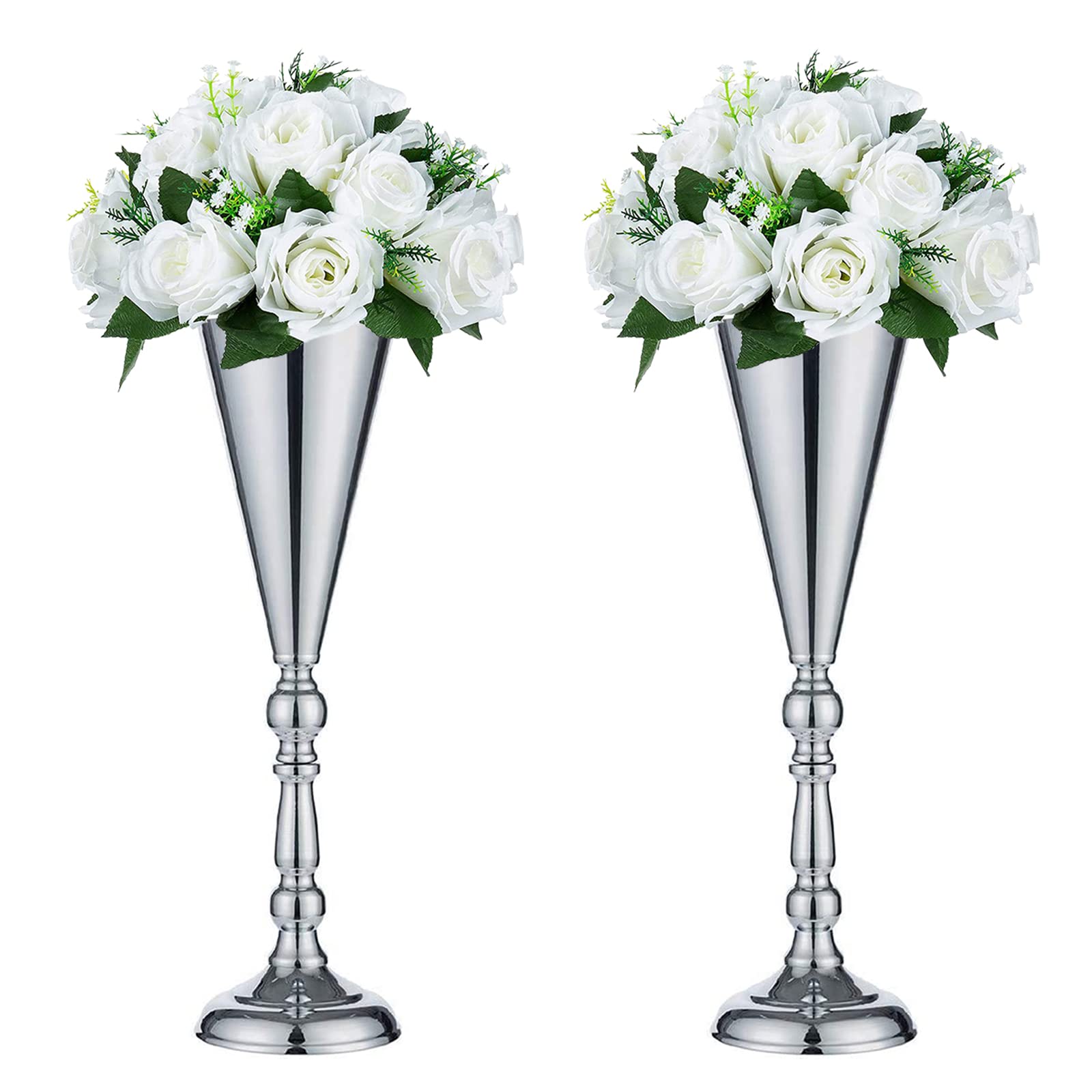Sziqiqi Set of 2 Tall Metal Wedding Centerpieces for Reception Tables, Silver Flower Vase Stand, Base Decortion for Party, Events, Birthday, Celebration Ceremonies, Silver