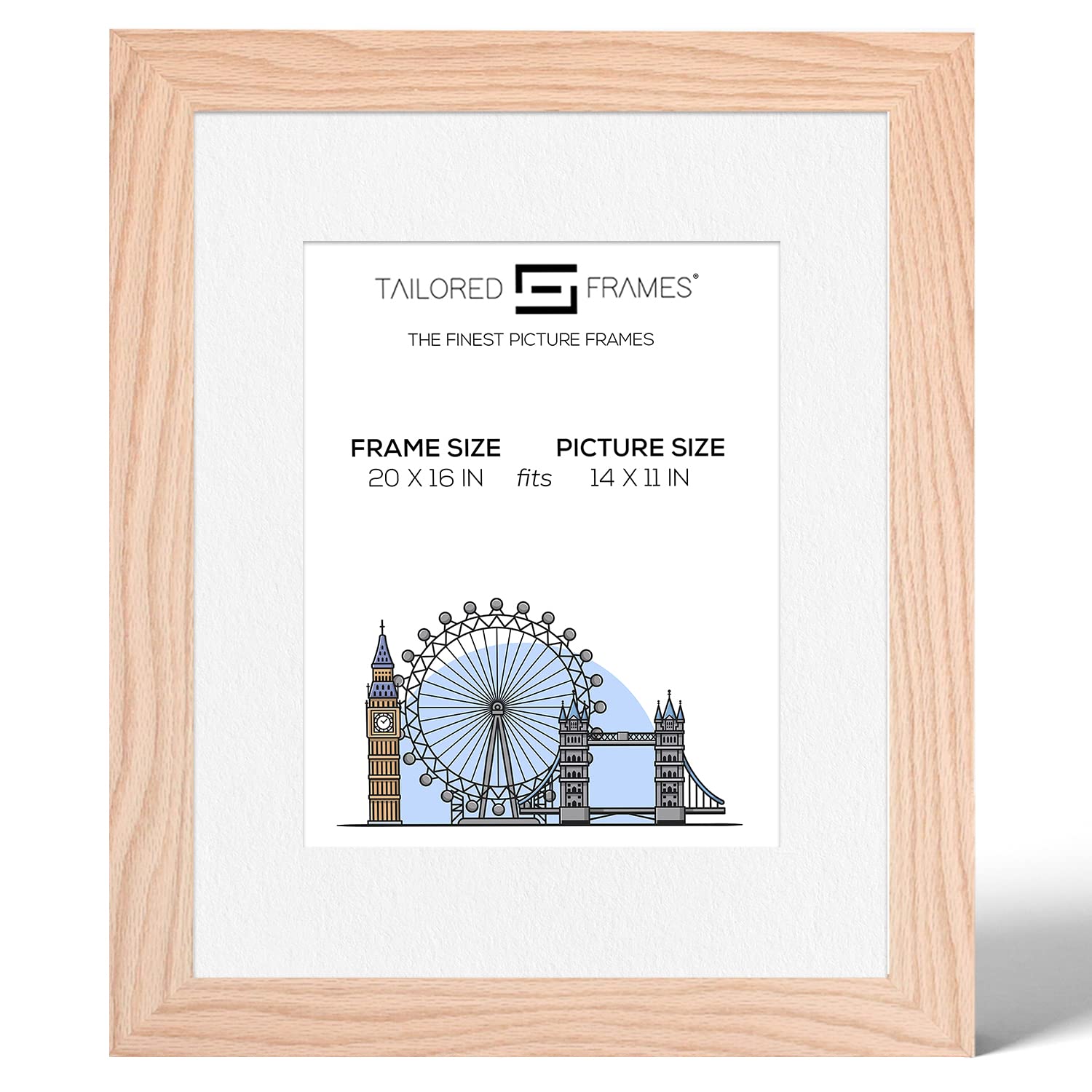 Tailored Frames 99 Solid Natural Oak 20" x 16" Frame for 14" x 11" Picture | Single Picture Frames | Wall Hanging Type | Photo Frame with White Mount