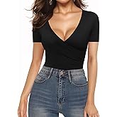 MANGOPOP Women's Cross Wrap Ruched Plunge Sexy Deep V Neck Slim Fit Short Sleeve T Shirt Tunic Tops Tee
