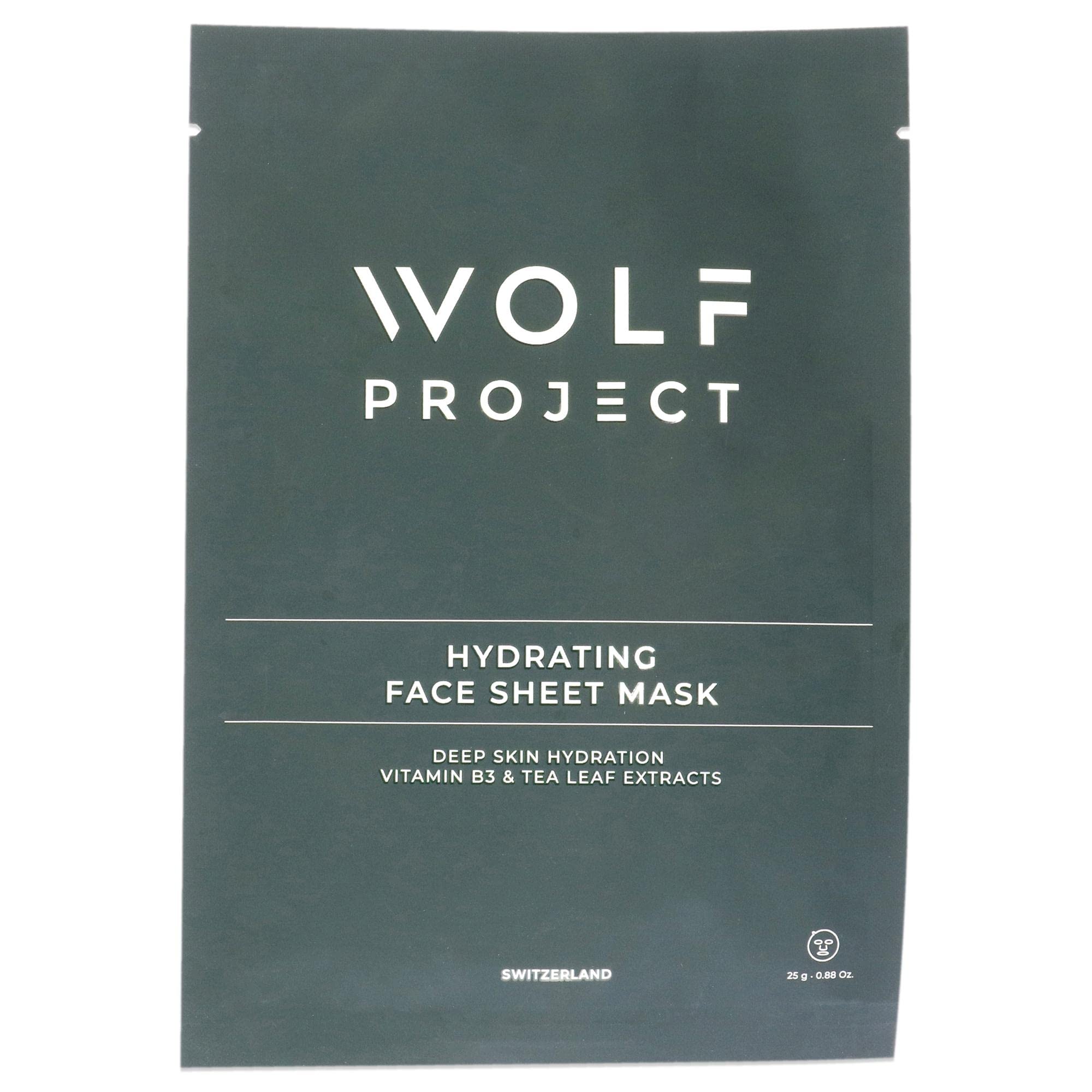 Wolf Project Hydrating & Moisturizing Face Mask Sheet for Men, Natural serum, Bamboo Charcoal, Vitamin B3 & Hyaluronic Acid for glowing skin, Black, Green Tea, 5 Count