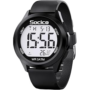 SOCICO Men Digital Watch Waterproof 12/24H Military Style Backlight | Timer Alarm Dual Time LED Split Timing Date Display 43m