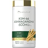 Carlyle KSM-66 Ashwagandha Root Extract 600mg | 120 Vegan Caplets | Supplement with L-Theanine | Non-GMO, Gluten Free