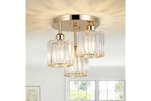 PAUFUL Modern Semi Flush Mount Ceiling Light,3-Light Crystal Close to Ceiling Light Fixtures,Golden Kitchen Light Fixtures with Clear Crystal Shade,Hallway Light Fixtures for Hallway Bedroom Bathroom