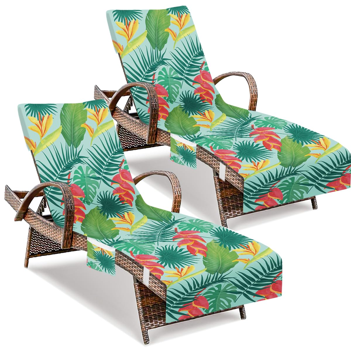 Photo 1 of 2 PCS Flower and Leaves Beach Chair Covers, Lounge Chair Towel Cover, Chaise Lounge Cover with Pockets for Pool Sunbathing Beach Garden Courtyard Outdoor Trips, 85" X 30"