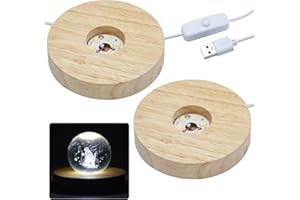 NEWCOMDIGI 2pcs LED Cold White Lights Base, Color Temperature 6000K,Round Wooden Lighted Base, USB Crystal Sphere Holder,Display Stand for 3D Crystal Glass Resin Art