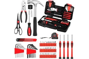 GETFOO 58-Piece Tool Kit Basic Home Repair Tool Set, General Household Hand Tool Kit,Small Tool Kit with Plastic Toolbox Mini Tool kit for Women, Office & College Repairs Red
