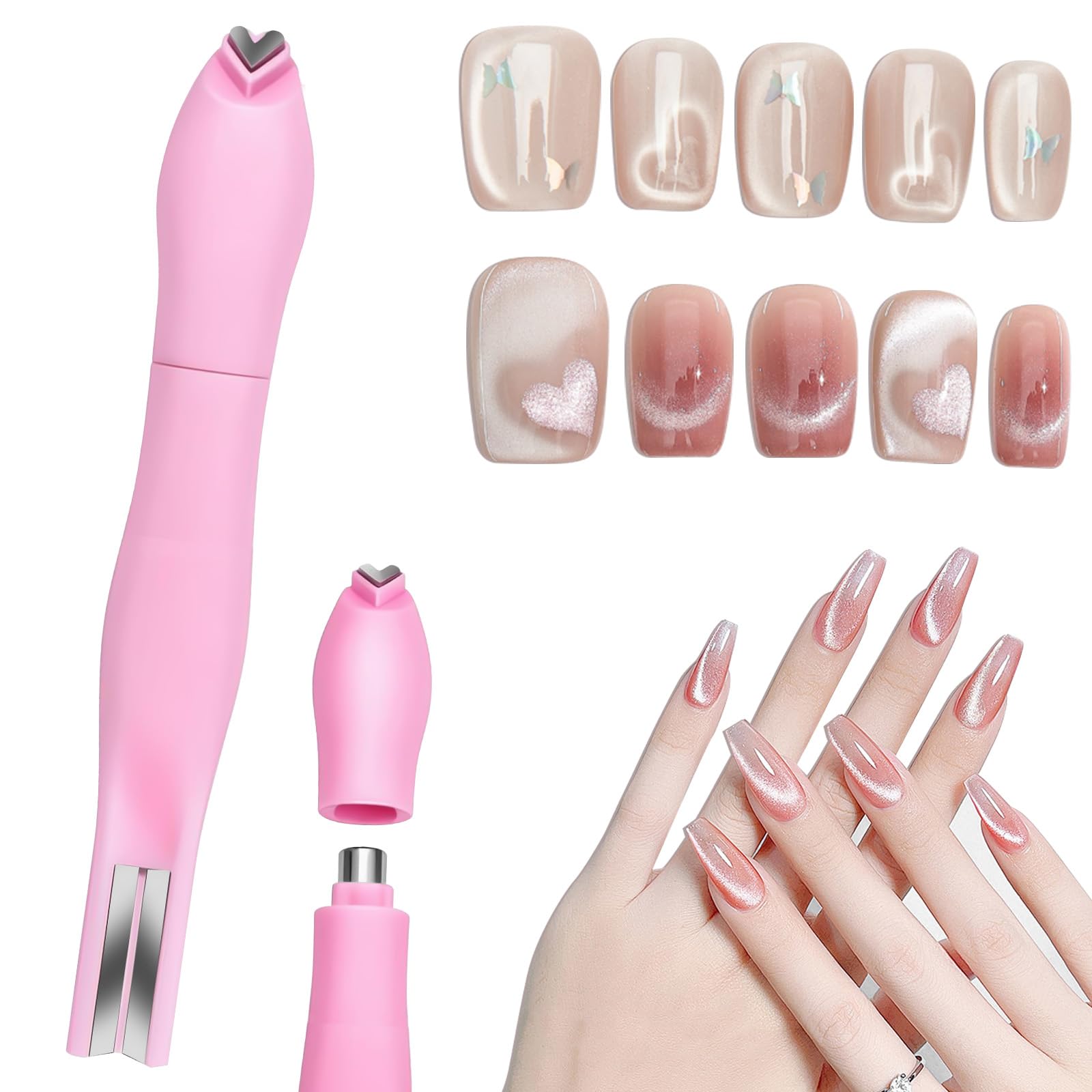 Photo 1 of 3 in 1 Cat Eye Nail Magnet, Versatile Magnet Tool for Cat Eye Polish Heart Shaped Round Multifunctional Accessories for Studio Home DIY Salo (Pink)