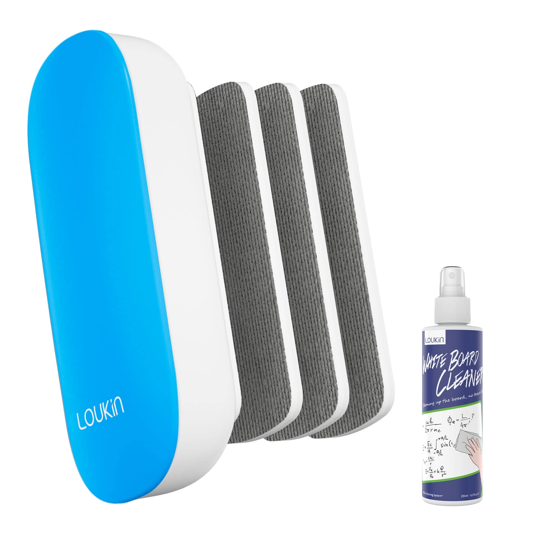loukin Replaceable Dry Erase Eraser, Magnetic Whiteboard Eraser with 3 Replaceable Felt Pads, 4-in-1 Glass Whiteboard Erasers(Blue), Free 3.4oz Whiteboard Cleaner Included