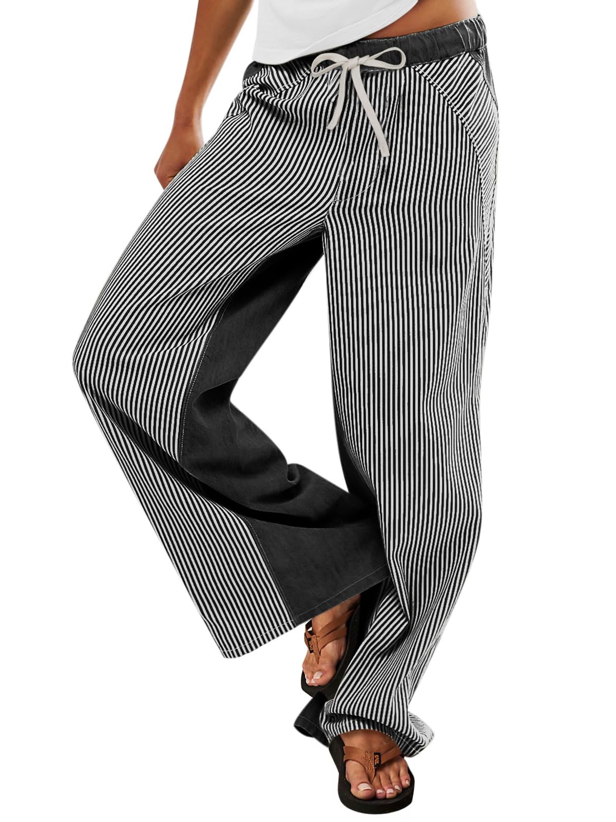 Photo 1 of PEIHOT Low Waisted Striped Sweat Pants for Women Pull On Drawstring Lounge Wide Leg Jeans Trendy 2025 Black Grey size medium 