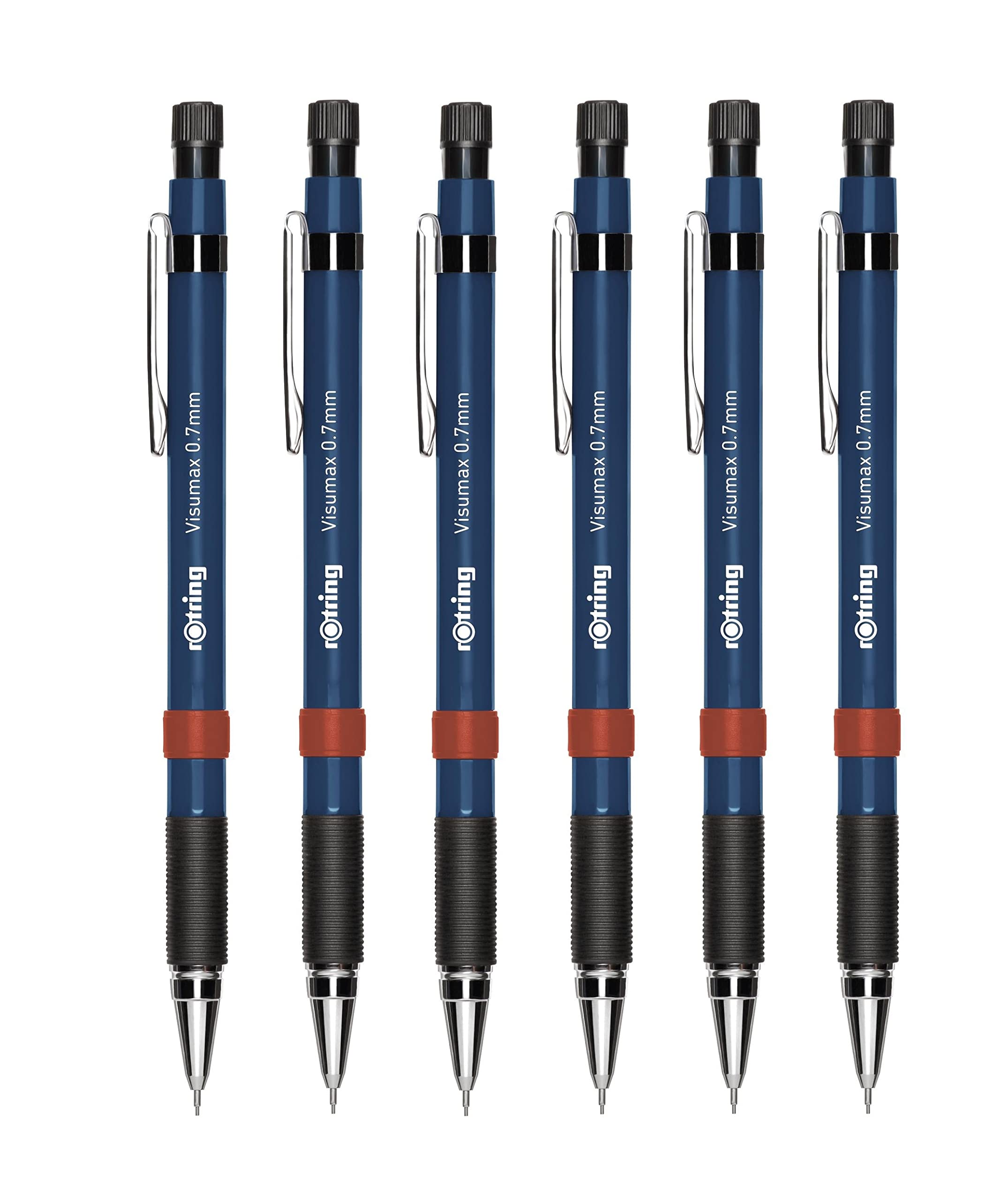 rOtring Visumax Mechanical Pencils - 0.7mm - Pack of 6 - Refillable - Twist Out Eraser - Rubber Grip (Dark Blue Barrels)