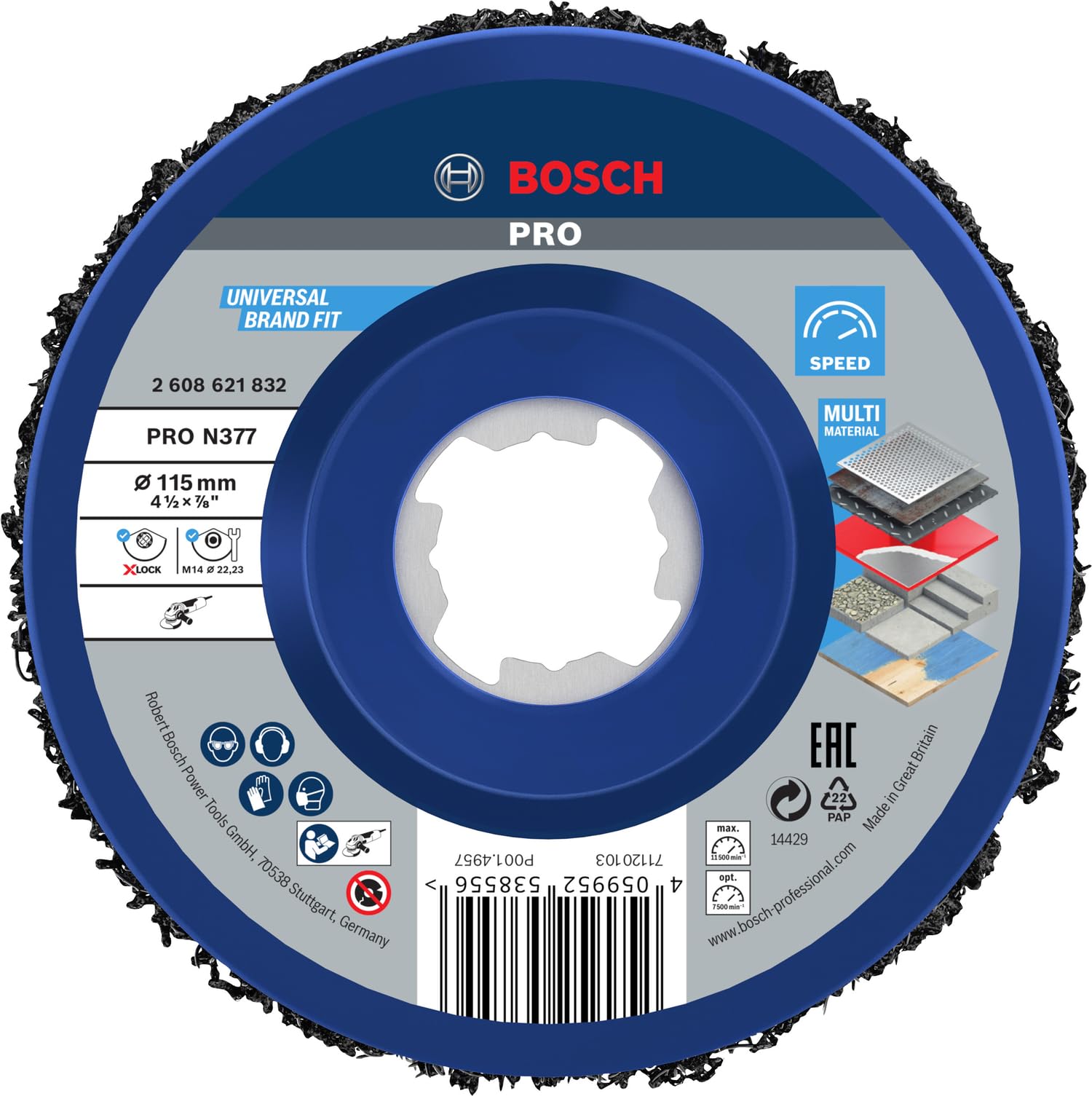 Bosch 1x PRO Multi Material Cleaning Disc N377 for Small Angle Grinders and X-Lock (for Steel sheets, Steel, Ø 115 mm, Grit, Professional Accessory Small Angle Grinder)