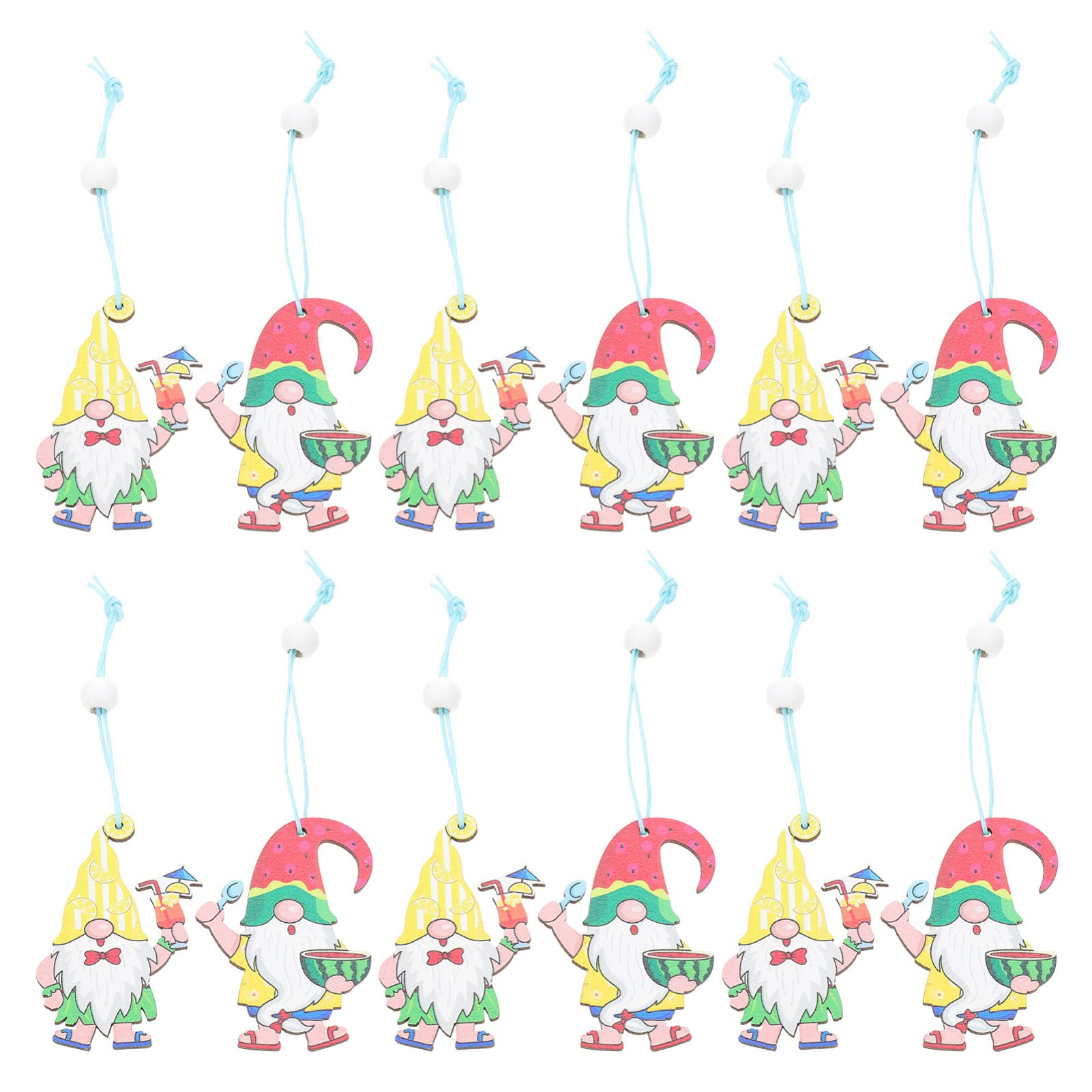 Amosfun Summer Gnome Hanging Ornaments, 12pcs Wooden Gnome Pendants with Hanging Ropes, Hawaiian Party Tree Decoration, Tropical Party Supplies