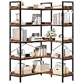 KOUSEI 5-Tier L-Shaped Reversible Corner Bookshelf, 65" Rustic Brown Industrial Wood & Metal Bookcase, Wide Open Shelves + 4 