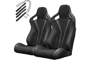 VROOMAUTO Pair of Universal Racing Seats, PVC Leather, Racing Bucket Seats with Dual Sliders, Reclinable for Driver and Passenger Side (VR005)