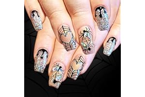 LOPMNGHT Halloween Nails Short Square False Nails Rhinestones Love Spider Web Design Silver Glitter Powder Glue on Nail Full Cover Coffin Press on Nails Artificial Fingernails for Women Halloween Manicure