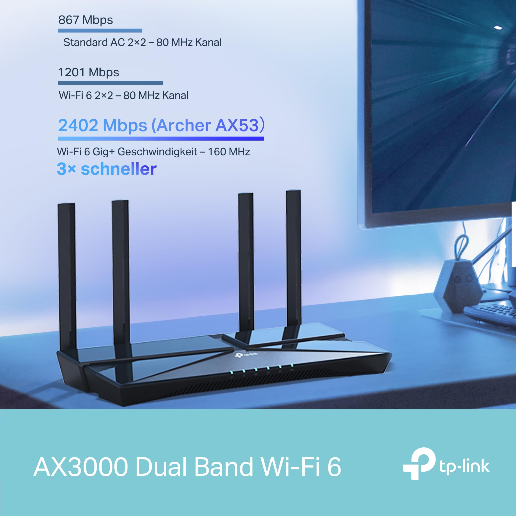 TP-Link Archer AX58 Wi-Fi 6 WLAN Router, Dualband AX3000, 5 Gigabit-Ports, WPA3, Kindersicherung, Gast-Netzwerk, keine DSL-Funktion