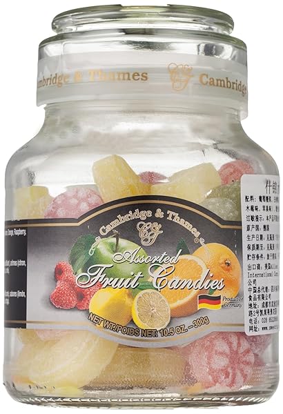 CAMBRIDGE & THAMES, MADE IN GERMANY, ASSORTED CITRUS AND FRUIT CANDY, 10.5OZ CANDY GLASS JAR WITH LID