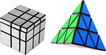 EMOB Rubik Silver Mirror Cube and Pyraminx Combo Puzzle Game Learning Rack Your Brain Toy with Neon Color and Black Base