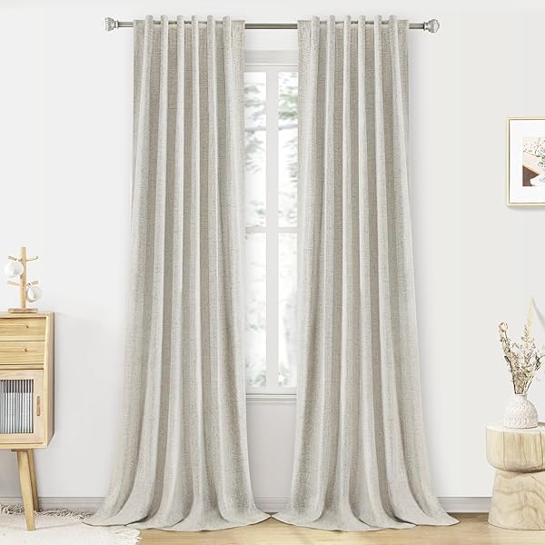 PANGSINNE LINEN FULL BLACKOUT TEXTURED CURTAINS – 90 INCH LENGTH ROOM DARKENING THERMAL INSULATED DRAPES FOR LIVING ROOM, BACK TAB 100% BLACK OUT BEIGE WINDOW CURTAIN