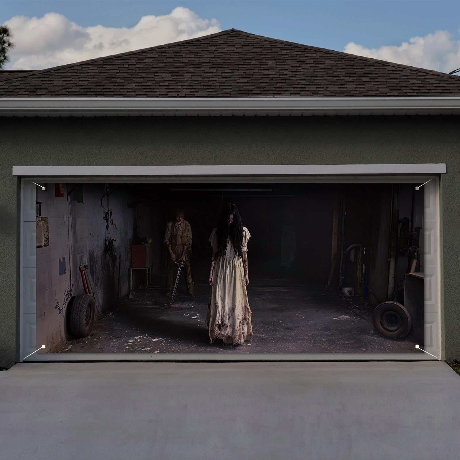 Photo 1 of Remagr Halloween Garage Door Cover Banner 7 x 16 ft Female Ghost Halloween Garage Door Decorations Scary Long Hair Women Creepy Wall Decor for Outside Decor