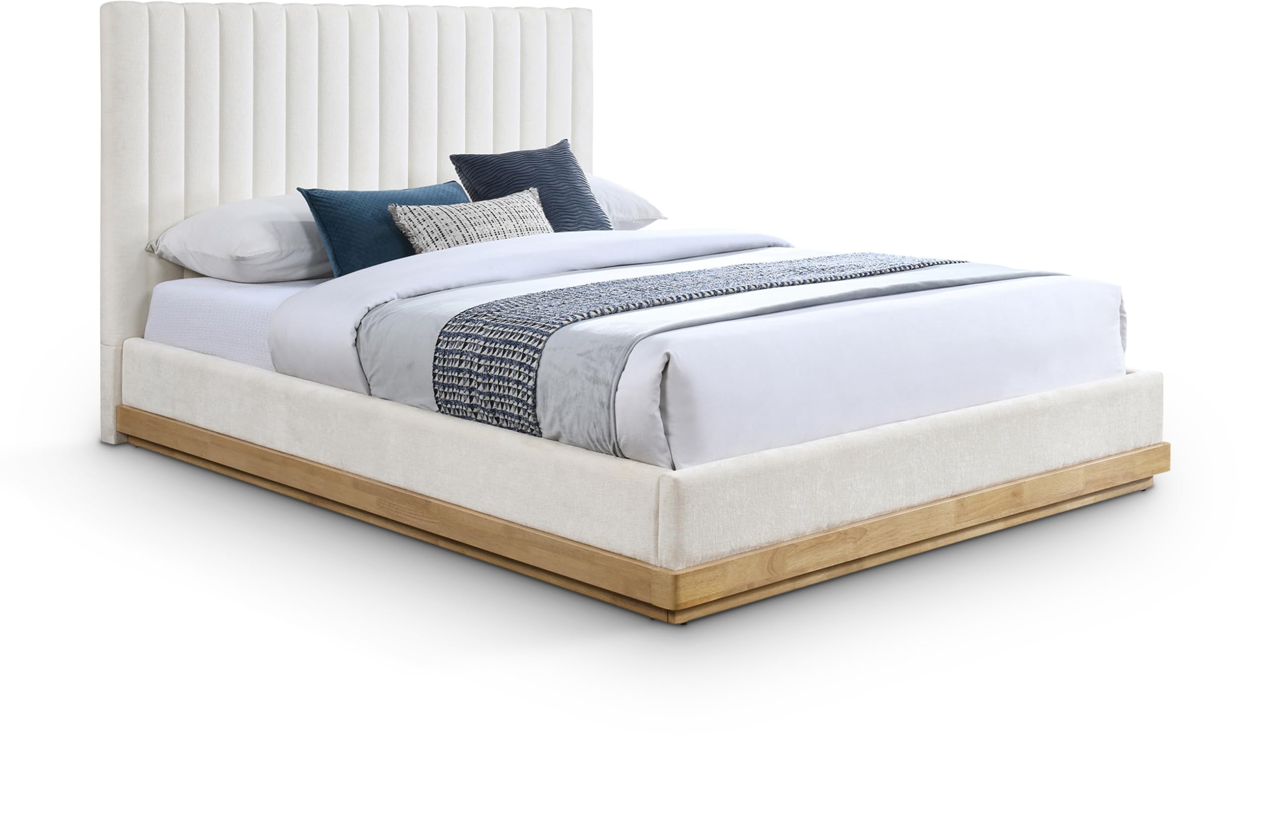 Photo 1 of Meridian Furniture B1244Cream-Q Emmet Collection Modern | Contemporary Queen Bed with Soft Cream Chenille Fabric, Natural Oak Finish, Solid Wood Base, Tufted, 67.5" W x 87.5" D x 48.5" H, Cream, Queen