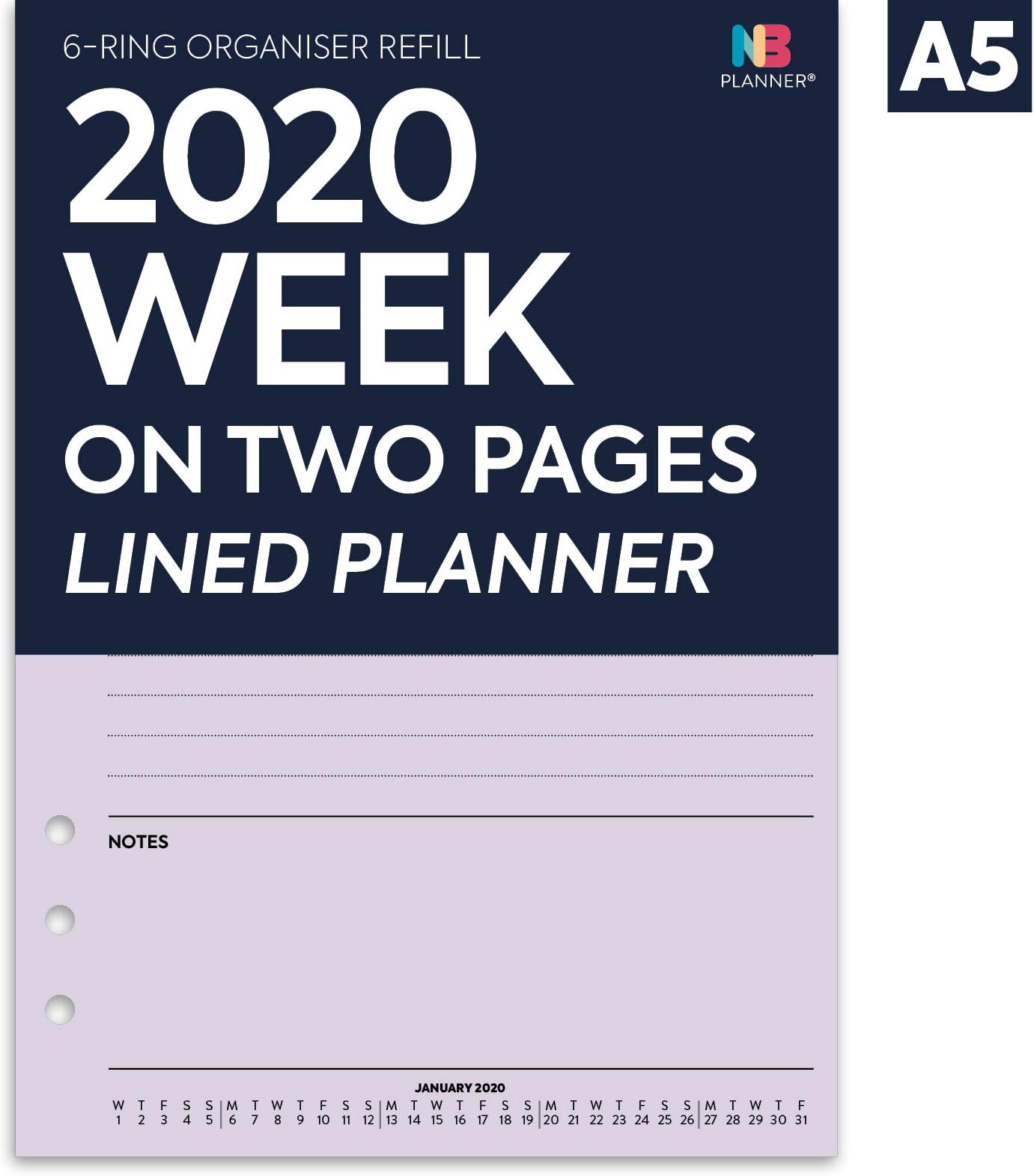 NBplanner® 2020 Week on Two Pages Lined Diary Organiser Refill Planner Insert Filofax Compatible (Lilac, A5: 148 x 210 mm)