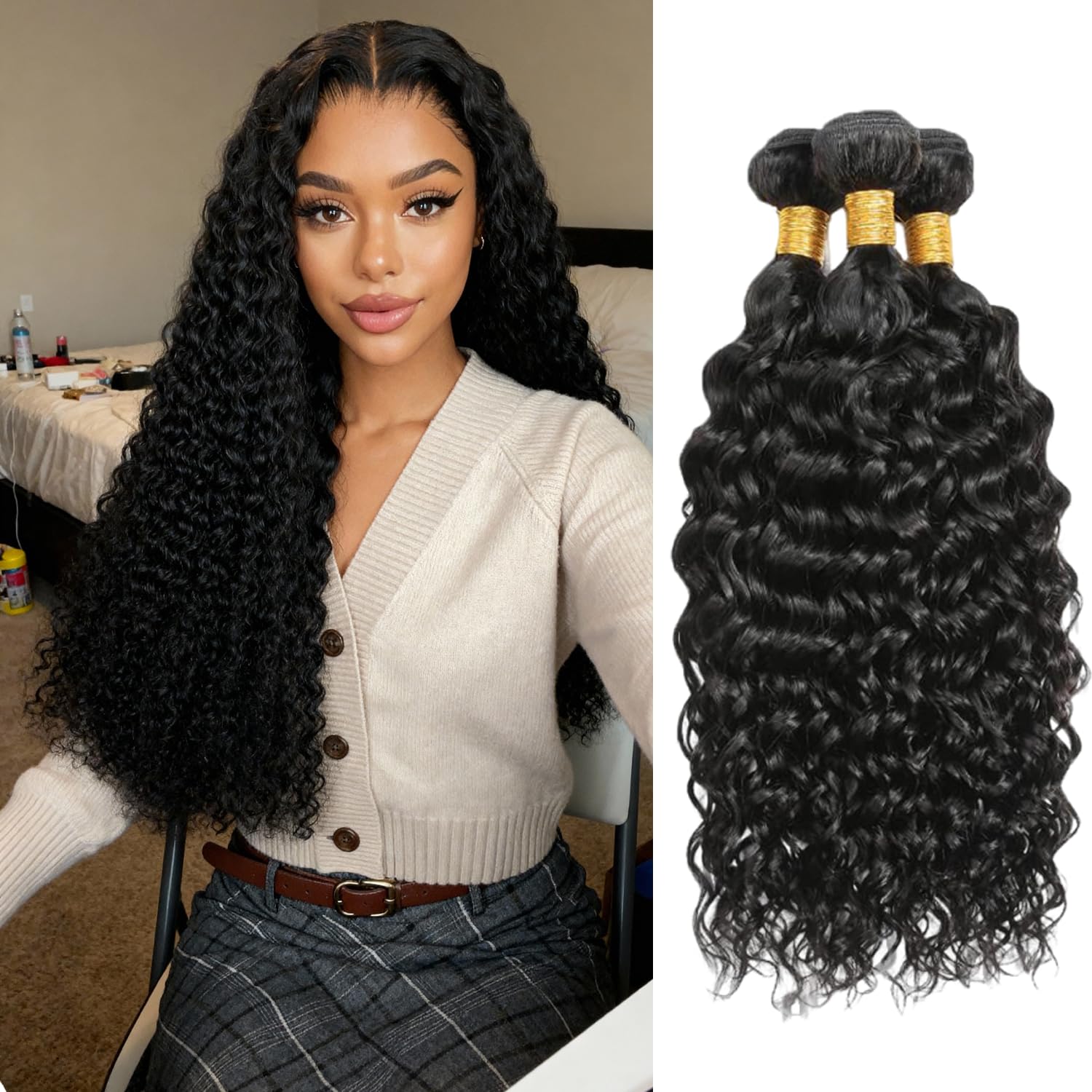 Photo 1 of Human Hair Bundles 16 18 20 Inch Water Wave Human Hair Bundles 100% Unprocessed Brazilian Virgin Hair Curly Bundles 3 Bundles for Women Wet and Wave Hair Extensions Natural Black Color