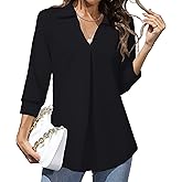 Heat Move Women's 3/4 Sleeve Length Tops Collared V Neck Shirt Dressy Casual Business Blouses for Work Professional