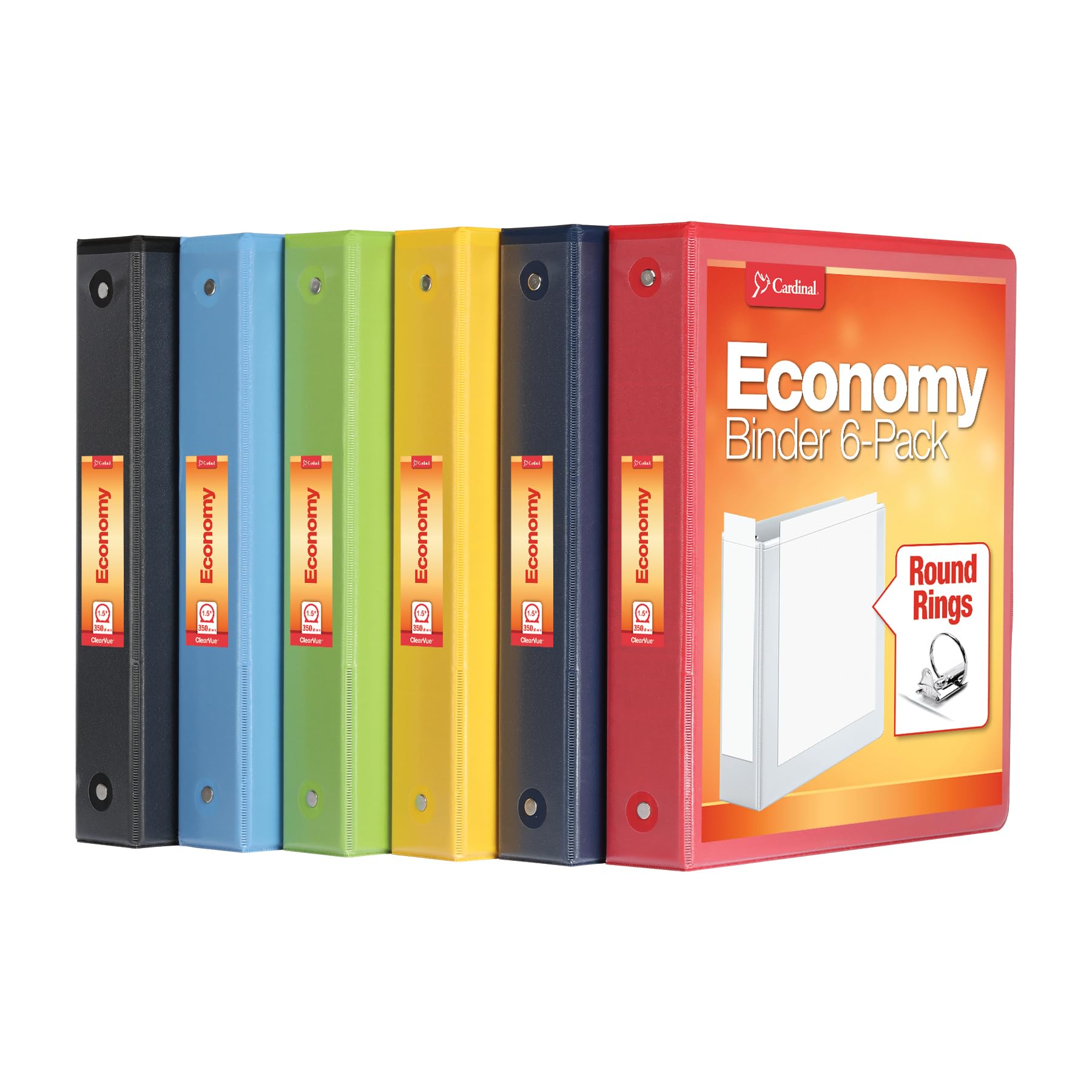 Photo 1 of Cardinal 3 Ring Binders, 1.5 Inch, Round Rings, Holds 350 Sheets, ClearVue Presentation View, Non-Stick, Assorted Bright Colors, 6 Pack (79557)
