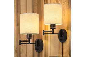 CADUKE Plug in Wall Light Set of 2, Swing Arm Wall Lamps, Modern Bedroom Wall Sconce Fixtures with Linen Lampshade for Reading Hallway Living Room