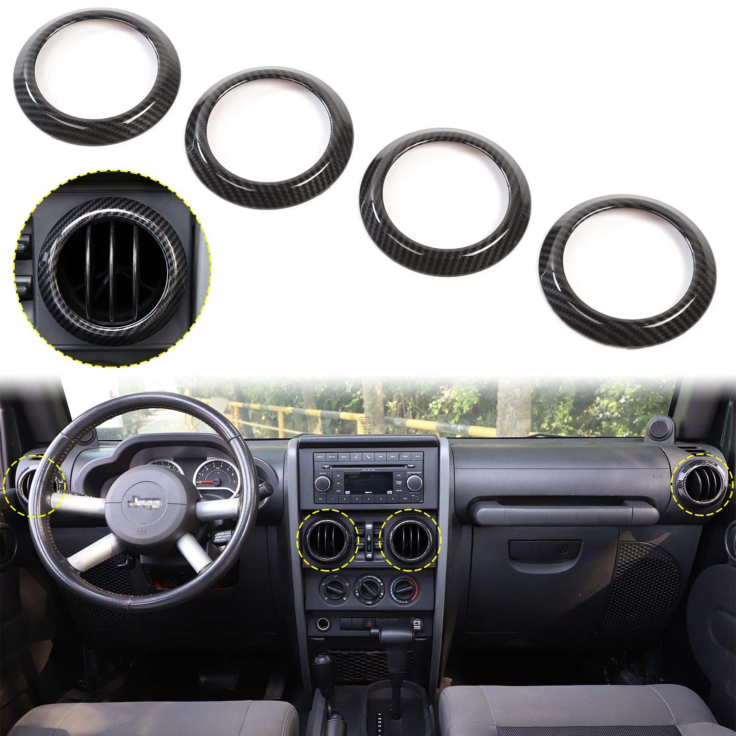 Photo 1 of 4PCS AC Air Conditioning Vent Cover Trim Decoration Ring Fit for Jeep Wrangler JK JKU 2007-2010 Carbon Fiber Interior Accessories